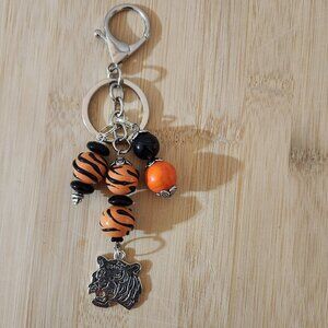 Hand Crafted Tiger Purse Charm Keychain Black Orange Beads Antique Silver Tiger